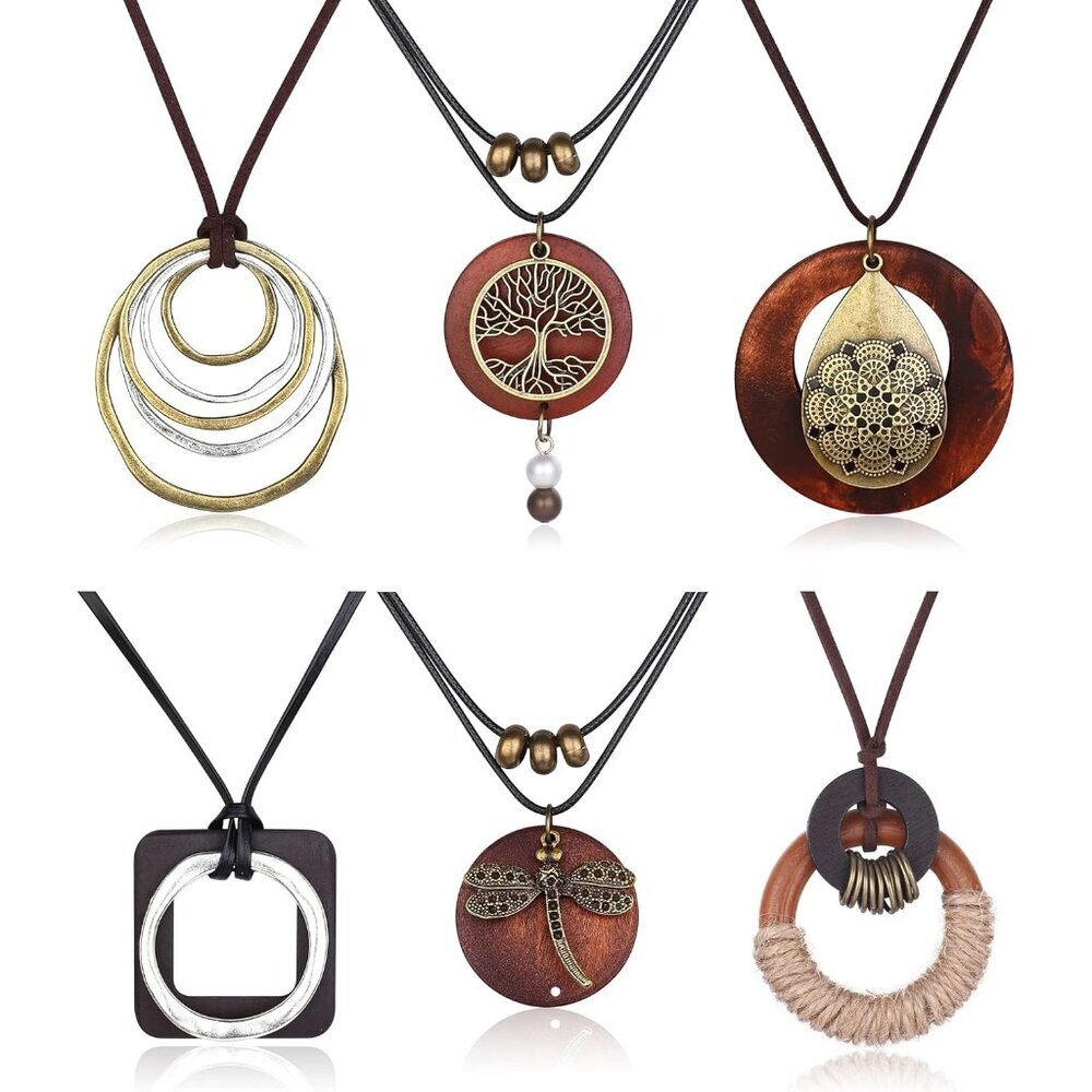 6Pcs Long Pendant Necklaces for Women Boho Vintage Wood Fall Sweater Necklaces S